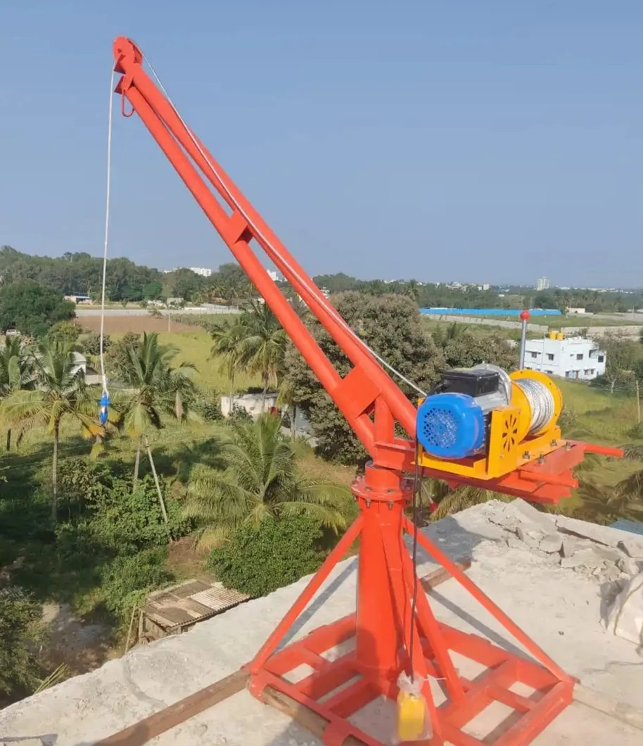 Building material hoist front view showing motor assembly and rope drum mechanism