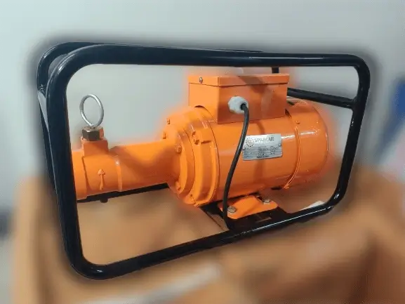 Concrete vibrator front view showing 2HP motor and flexible shaft connection