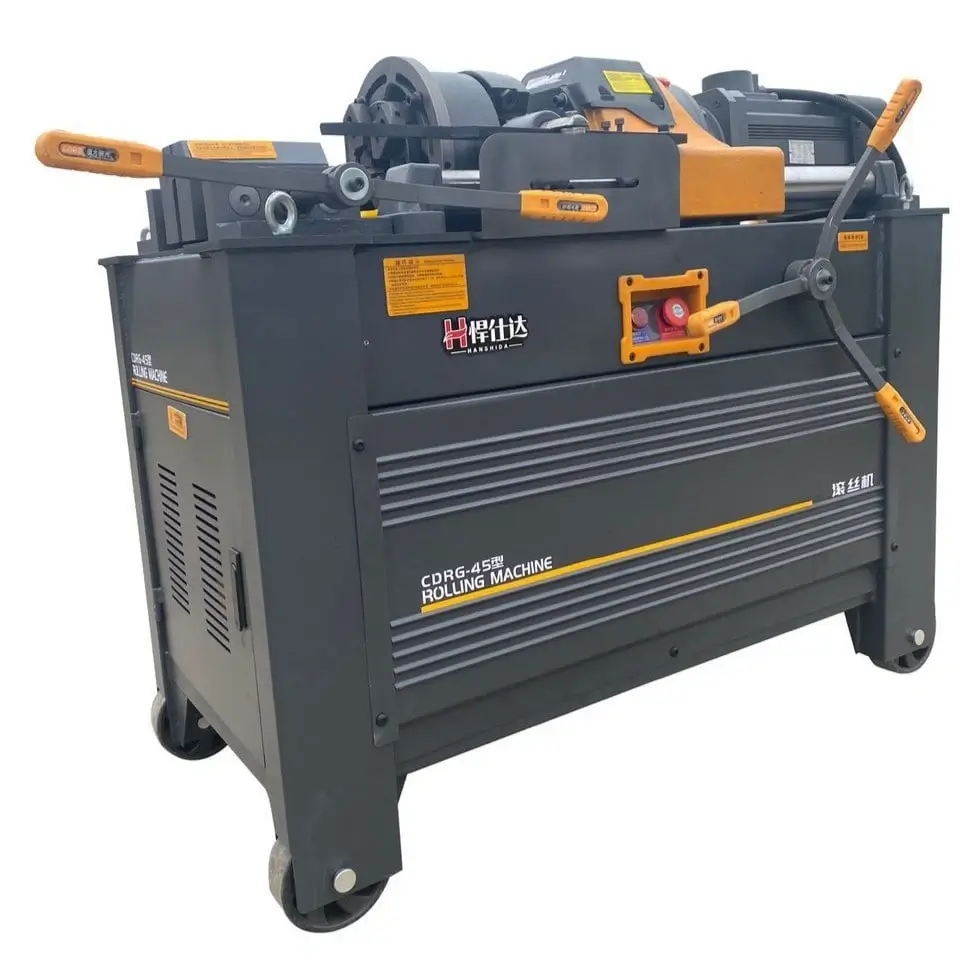 Rebar threading operation showing thread rolling process